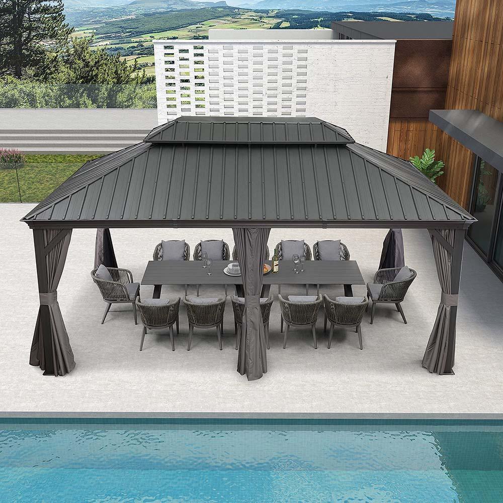 PURPLE LEAF – Pavillon de terrasse pour jardin, toit rigide gris en acier galvanisé avec rideau amélioré