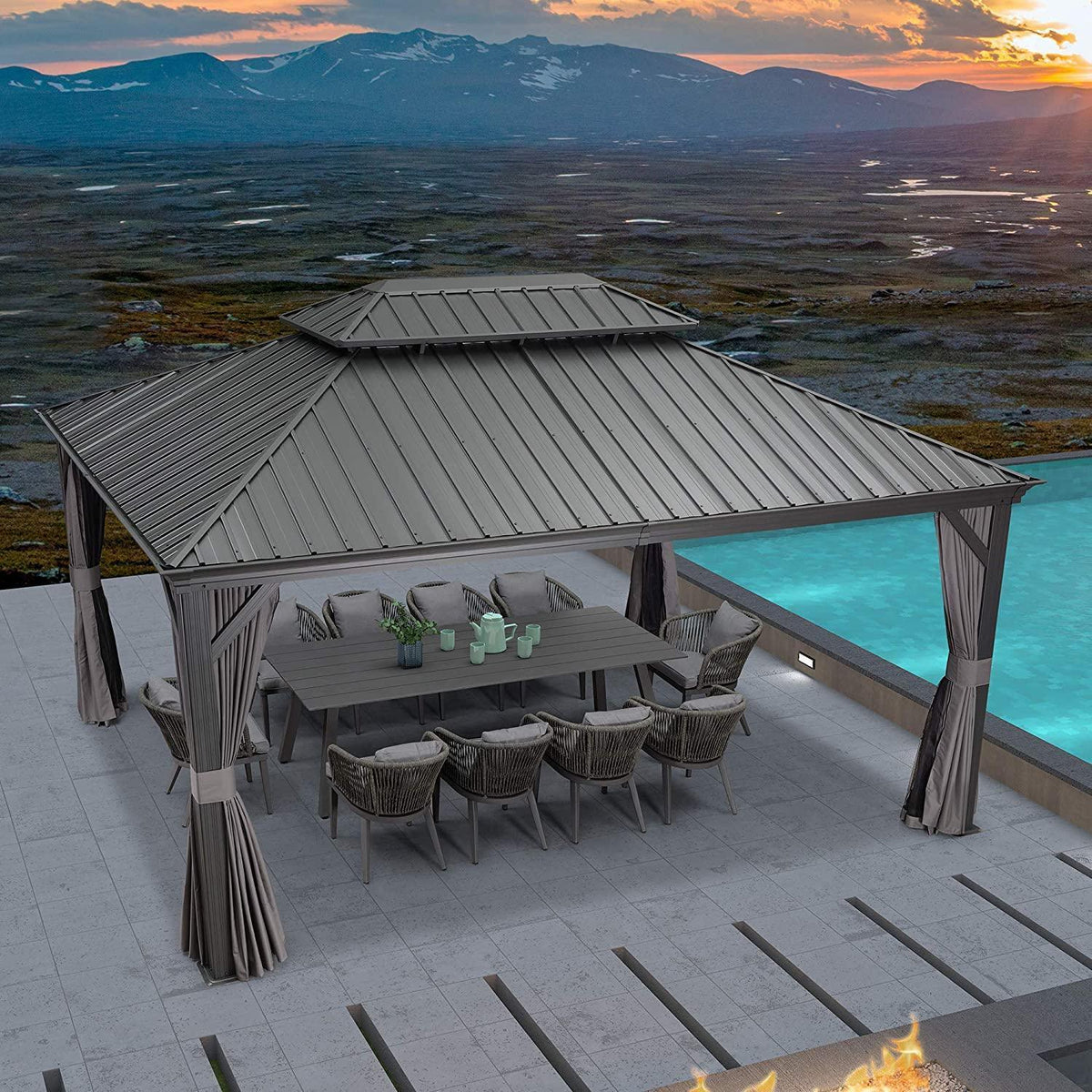 PURPLE LEAF – Pavillon de terrasse pour jardin, toit rigide gris en acier galvanisé avec rideau amélioré