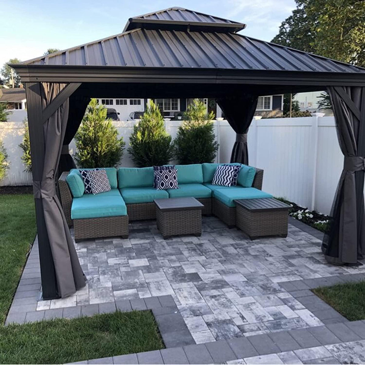 PURPLE LEAF – Pavillon de terrasse pour jardin, toit rigide gris en acier galvanisé avec rideau amélioré