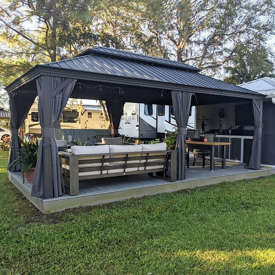 PURPLE LEAF – Pavillon de terrasse pour jardin, toit rigide gris en acier galvanisé avec rideau amélioré