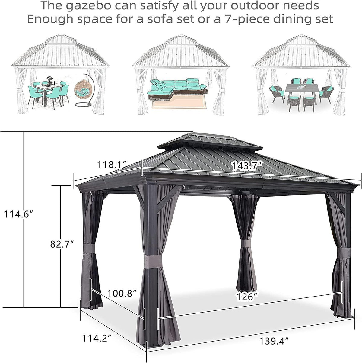PURPLE LEAF – Pavillon de terrasse pour jardin, toit rigide gris en acier galvanisé avec rideau amélioré