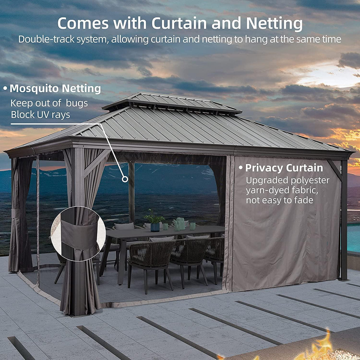 PURPLE LEAF – Pavillon de terrasse pour jardin, toit rigide gris en acier galvanisé avec rideau amélioré