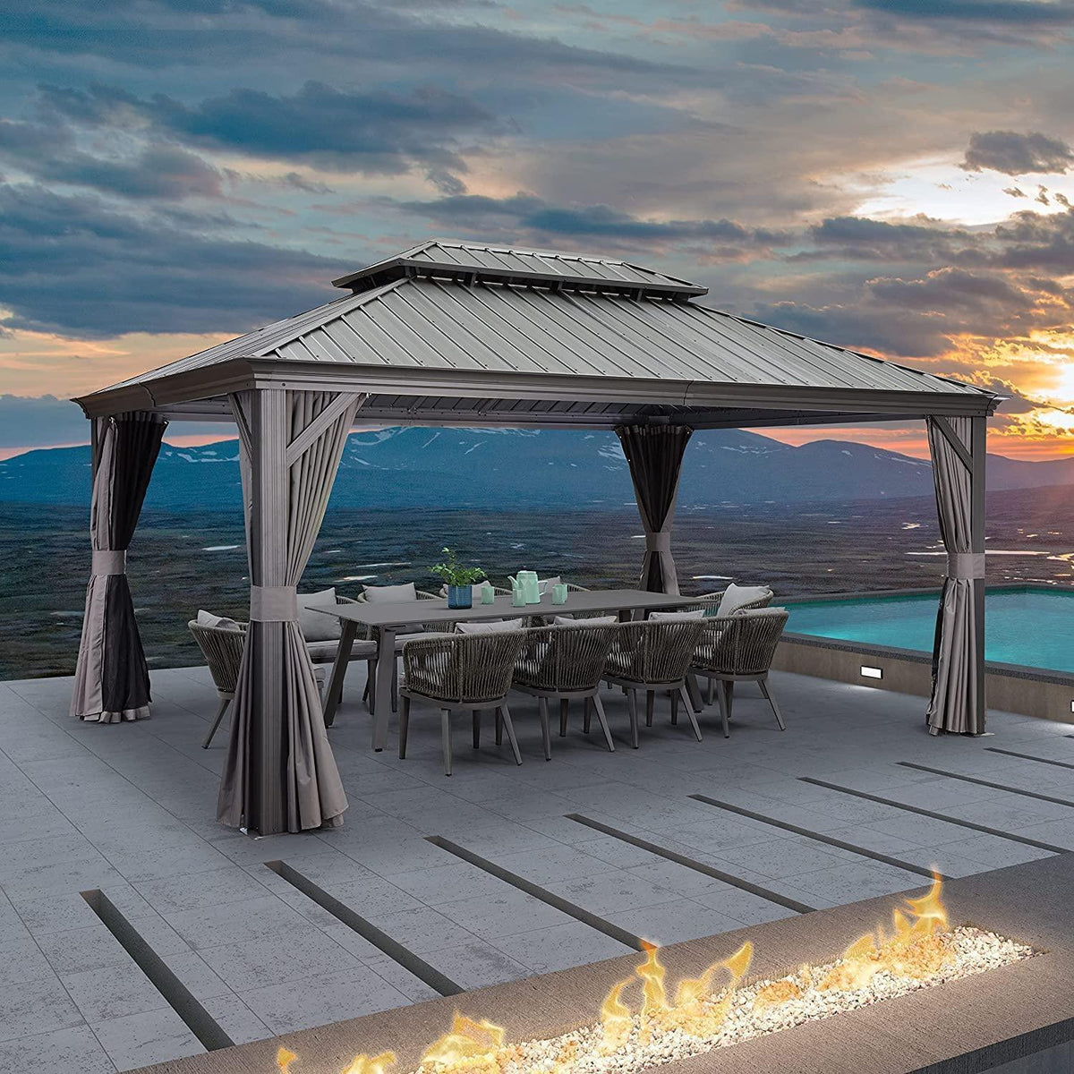 PURPLE LEAF – Pavillon de terrasse pour jardin, toit rigide gris en acier galvanisé avec rideau amélioré