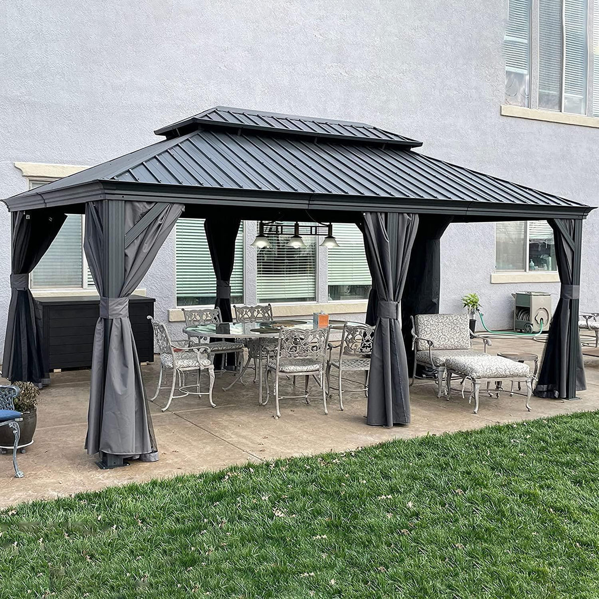 PURPLE LEAF – Pavillon de terrasse pour jardin, toit rigide gris en acier galvanisé avec rideau amélioré