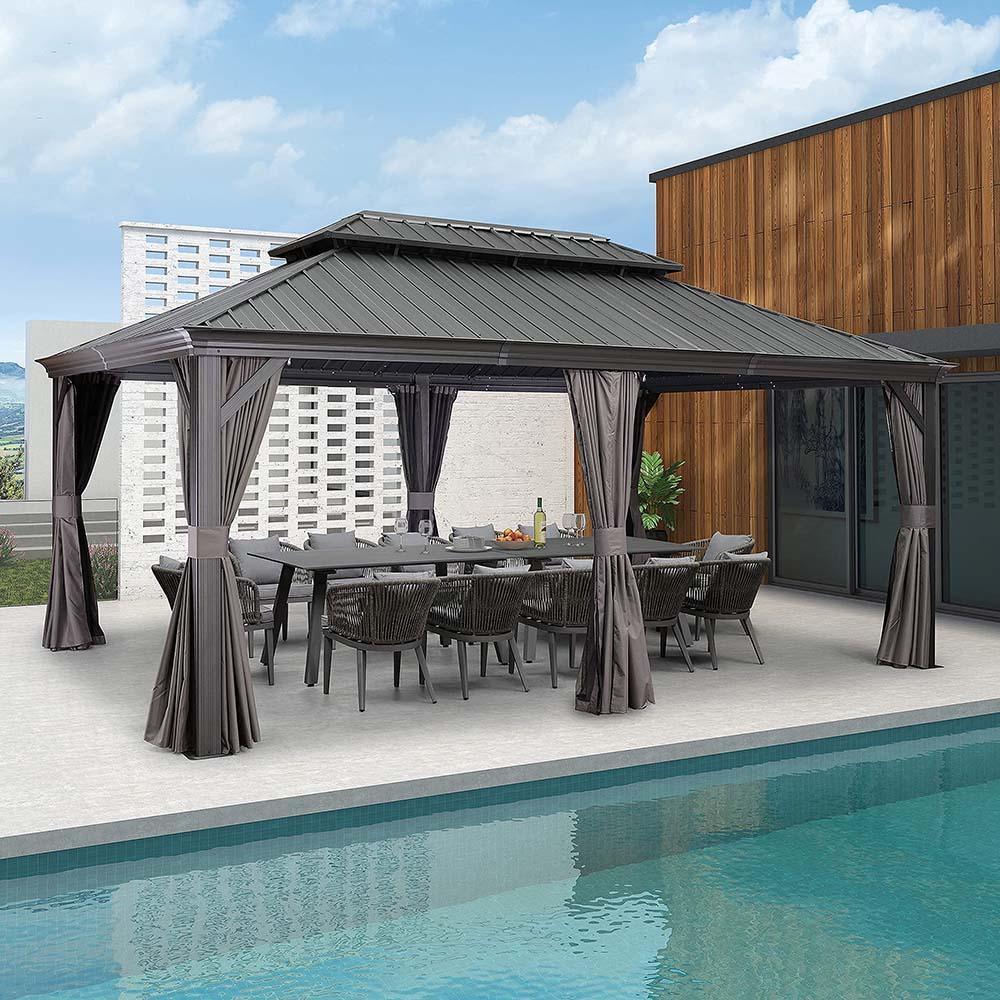 PURPLE LEAF – Pavillon de terrasse pour jardin, toit rigide gris en acier galvanisé avec rideau amélioré