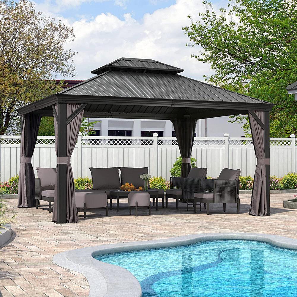 PURPLE LEAF – Pavillon de terrasse pour jardin, toit rigide gris en acier galvanisé avec rideau amélioré