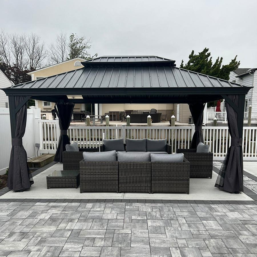 PURPLE LEAF – Pavillon de terrasse pour jardin, toit rigide gris en acier galvanisé avec rideau amélioré