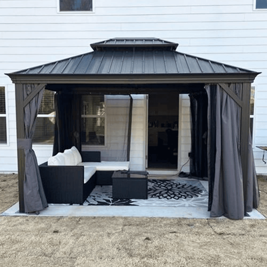 PURPLE LEAF – Pavillon de terrasse pour jardin, toit rigide gris en acier galvanisé avec rideau amélioré