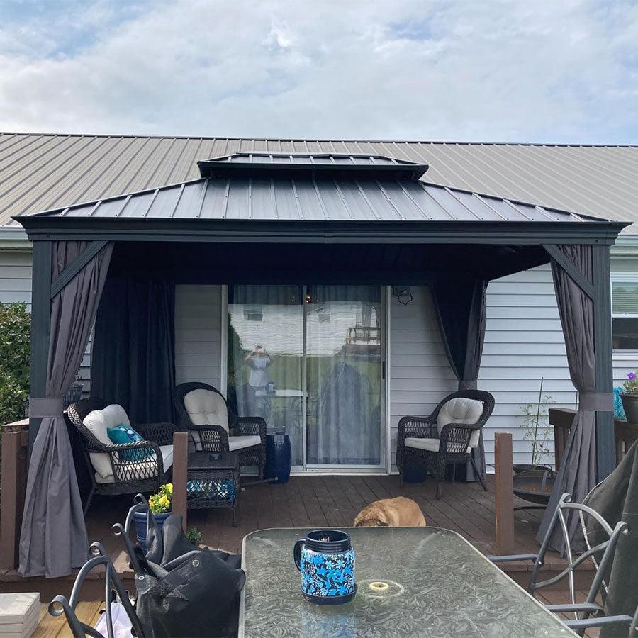 PURPLE LEAF – Pavillon de terrasse pour jardin, toit rigide gris en acier galvanisé avec rideau amélioré