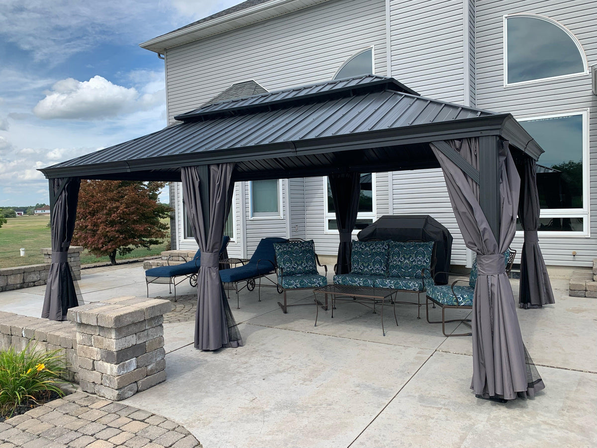 PURPLE LEAF – Pavillon de terrasse pour jardin, toit rigide gris en acier galvanisé avec rideau amélioré