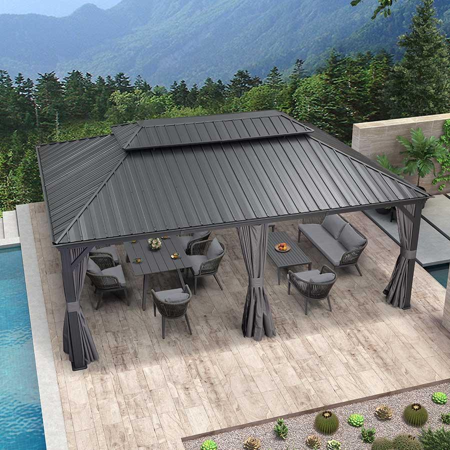 PURPLE LEAF – Pavillon de terrasse pour jardin, toit rigide gris en acier galvanisé avec rideau amélioré