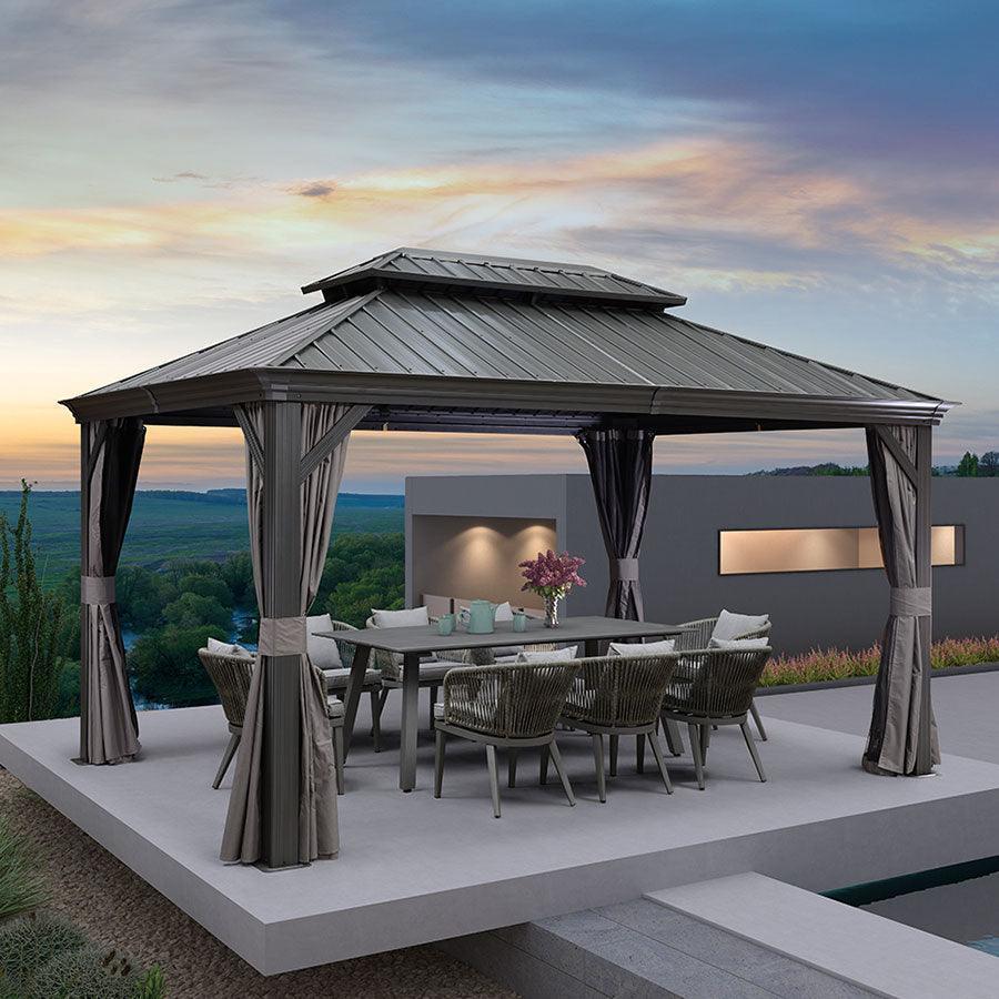 PURPLE LEAF – Pavillon de terrasse pour jardin, toit rigide gris en acier galvanisé avec rideau amélioré