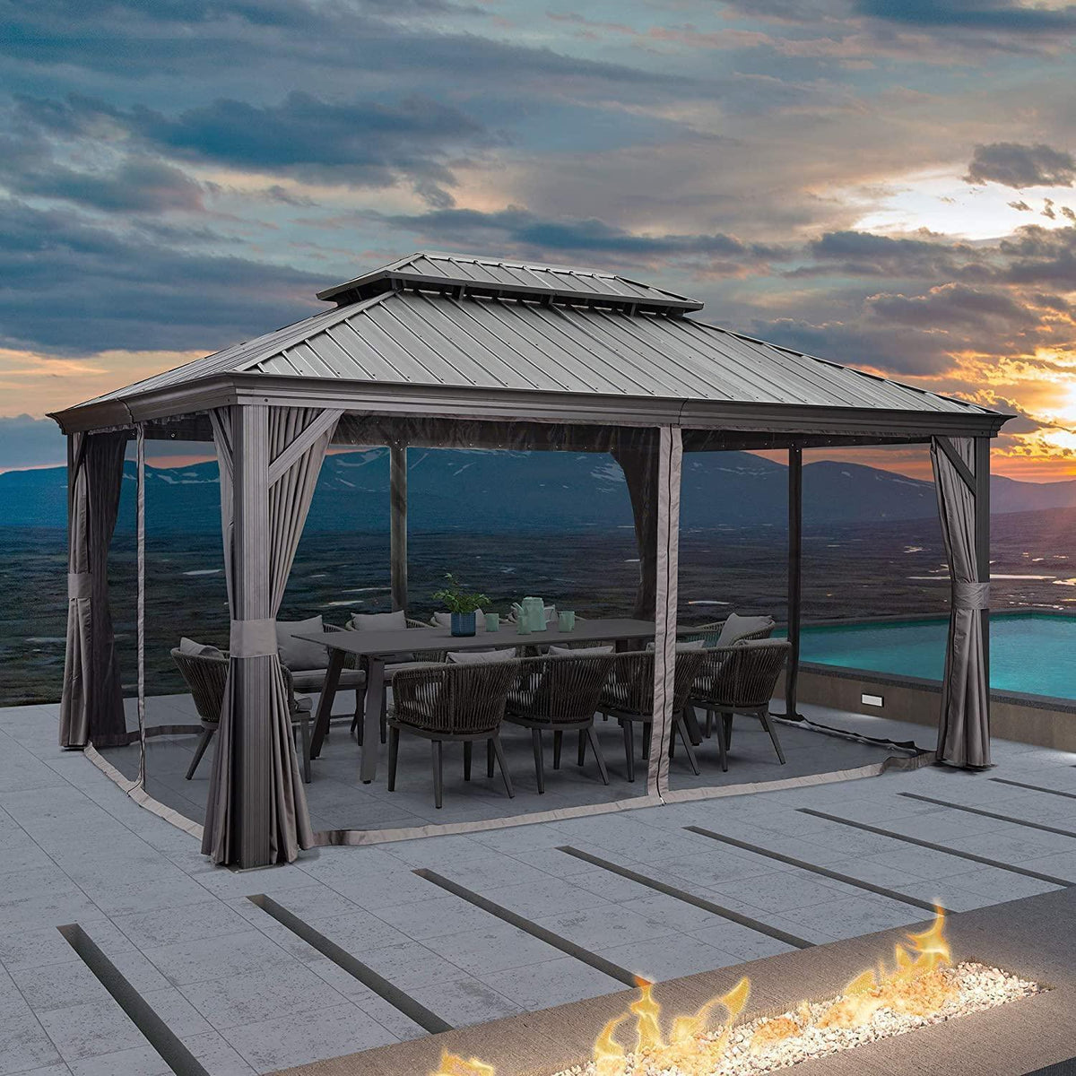PURPLE LEAF – Pavillon de terrasse pour jardin, toit rigide gris en acier galvanisé avec rideau amélioré