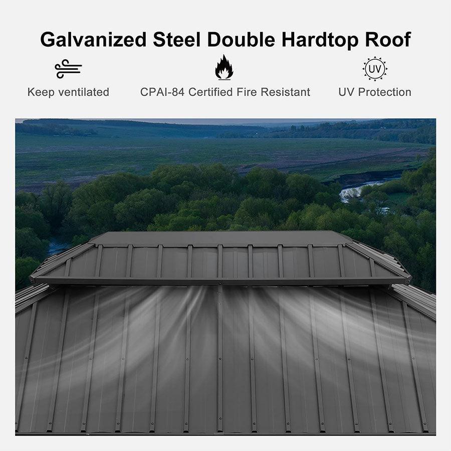 PURPLE LEAF – Pavillon de terrasse pour jardin, toit rigide gris en acier galvanisé avec rideau amélioré
