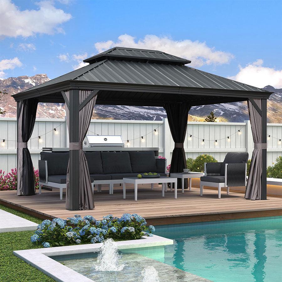 PURPLE LEAF – Pavillon de terrasse pour jardin, toit rigide gris en acier galvanisé avec rideau amélioré