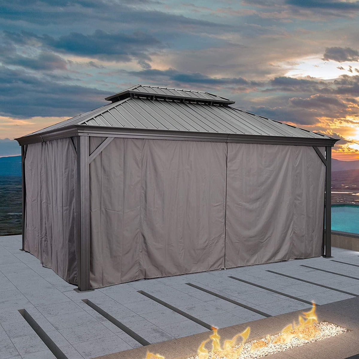 PURPLE LEAF – Pavillon de terrasse pour jardin, toit rigide gris en acier galvanisé avec rideau amélioré