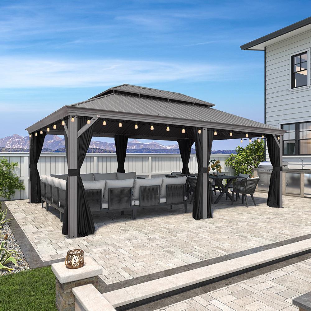 PURPLE LEAF – Pavillon de terrasse pour piscine, toit rigide gris clair en acier galvanisé avec guirlande lumineuse – clear