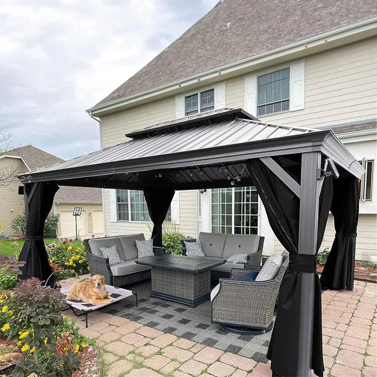 PURPLE LEAF – Pavillon de terrasse pour piscine, toit rigide gris clair en acier galvanisé avec tige de renfort