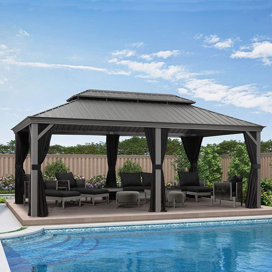 PURPLE LEAF – Pavillon de terrasse pour piscine, toit rigide gris clair en acier galvanisé avec rideaux améliorés