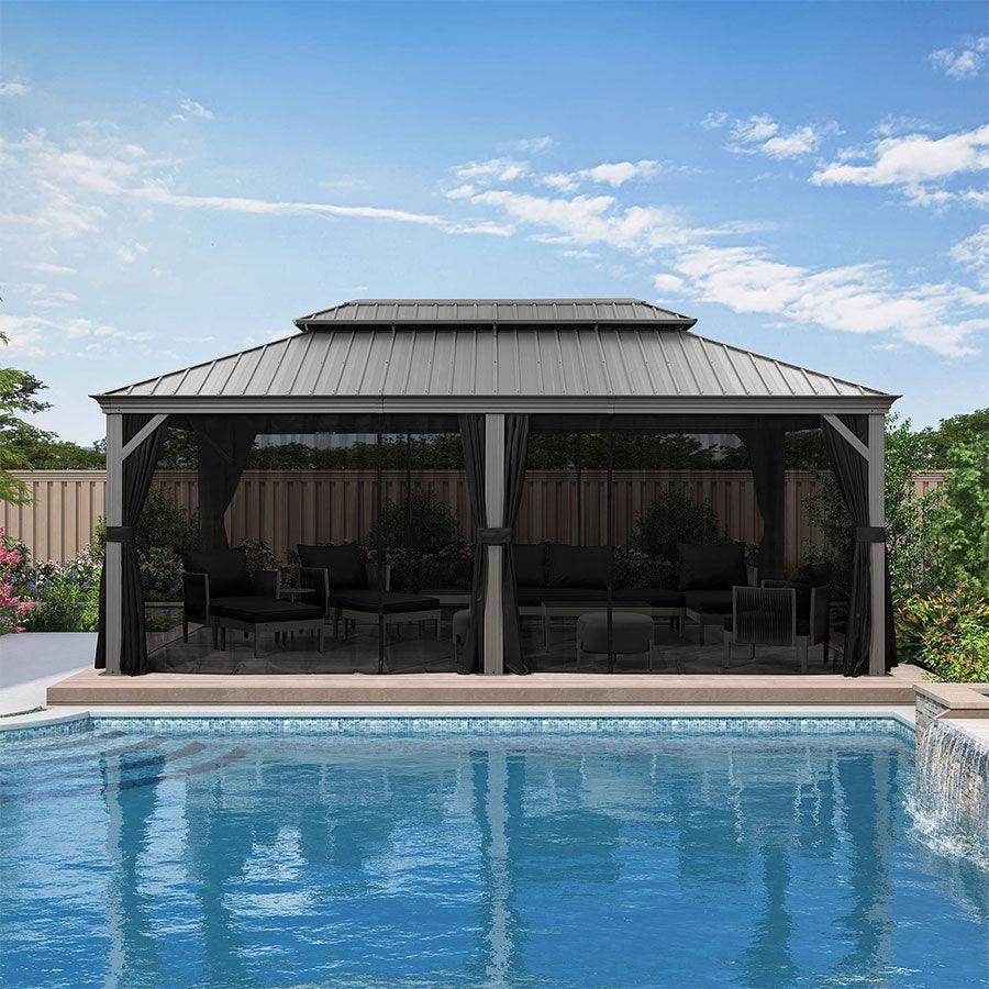 PURPLE LEAF – Pavillon de terrasse pour piscine, toit rigide gris clair en acier galvanisé avec rideaux améliorés