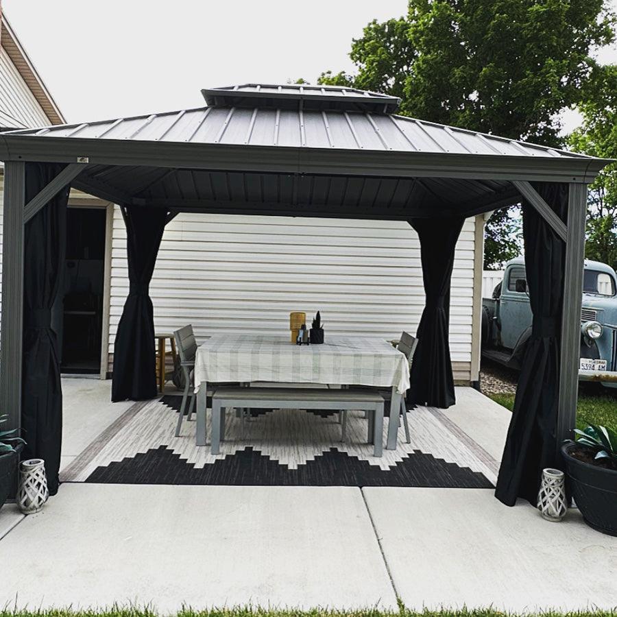 PURPLE LEAF – Pavillon de terrasse pour piscine, toit rigide gris clair en acier galvanisé avec rideaux améliorés