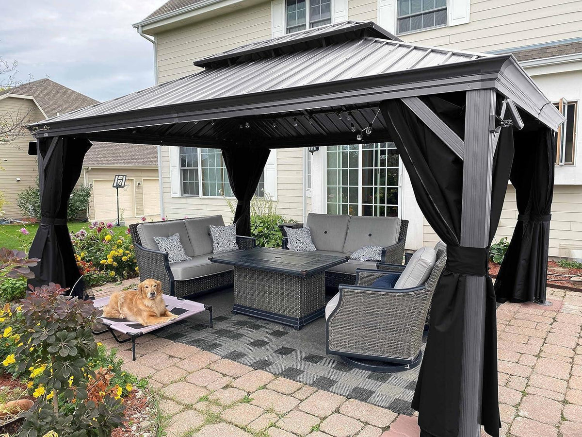 PURPLE LEAF – Pavillon de terrasse pour piscine, toit rigide gris clair en acier galvanisé avec rideaux améliorés