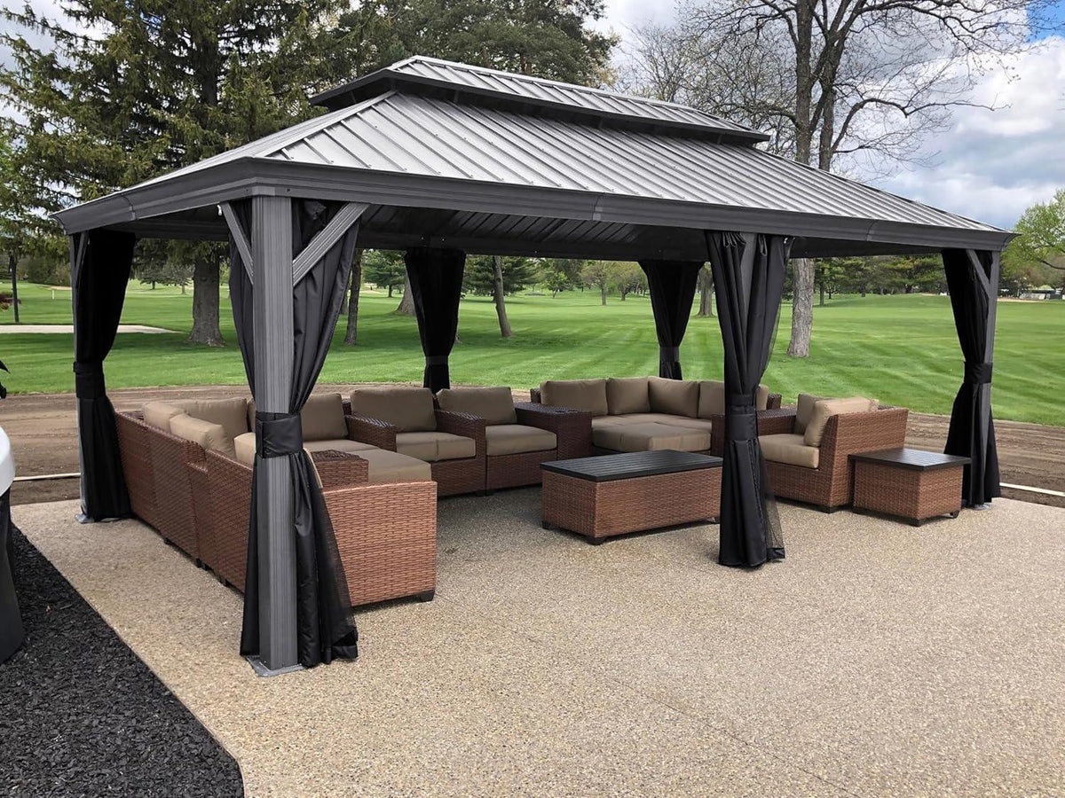 PURPLE LEAF – Pavillon de terrasse pour piscine, toit rigide gris clair en acier galvanisé avec rideaux améliorés