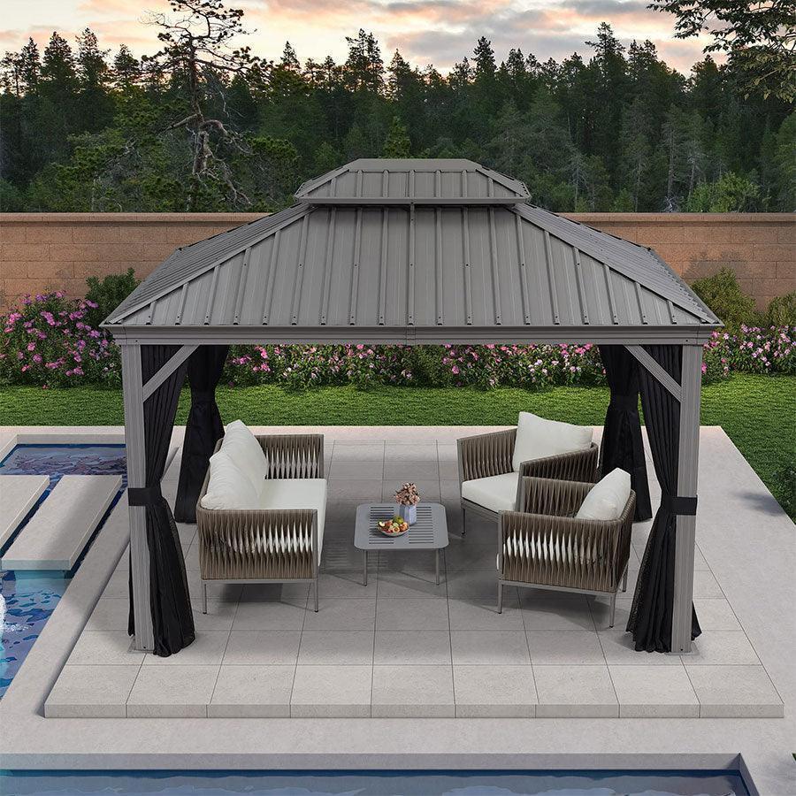 PURPLE LEAF – Pavillon de terrasse pour piscine, toit rigide gris clair en acier galvanisé avec rideaux améliorés