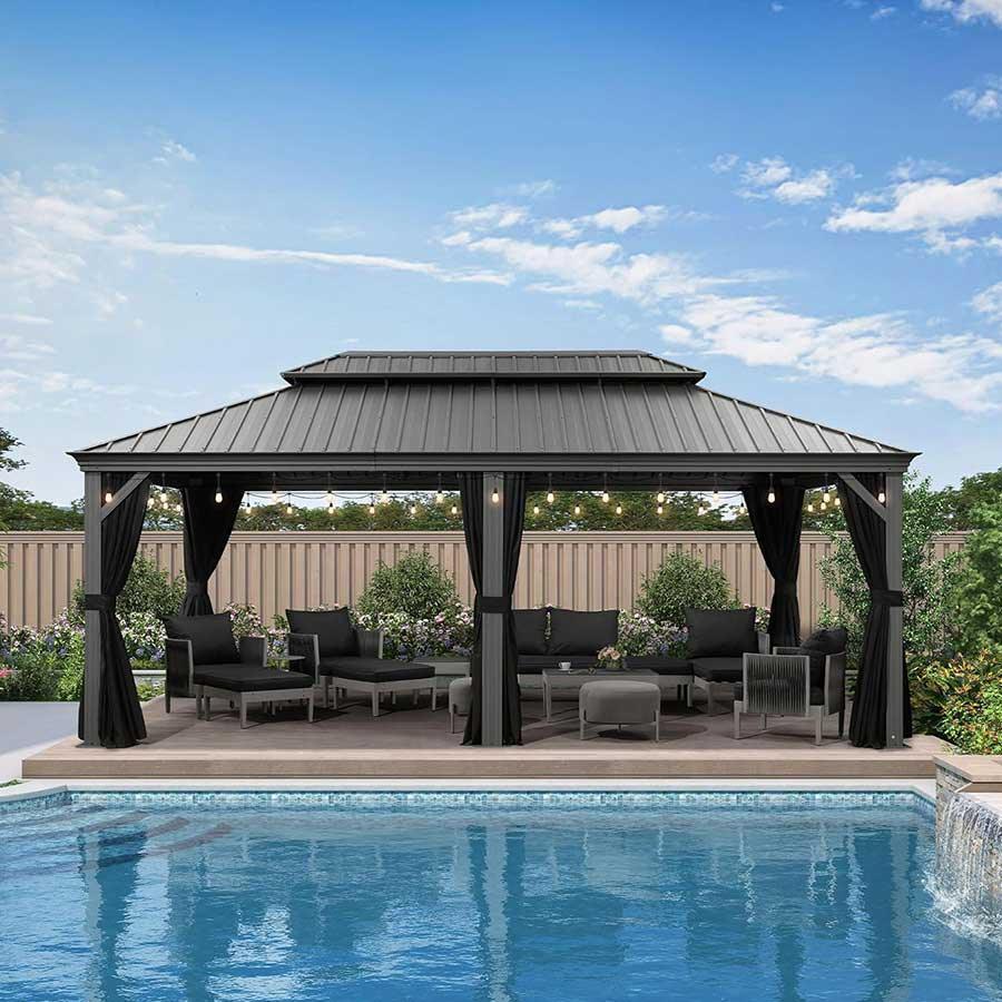 PURPLE LEAF – Pavillon de terrasse pour piscine, toit rigide gris clair en acier galvanisé avec rideaux améliorés