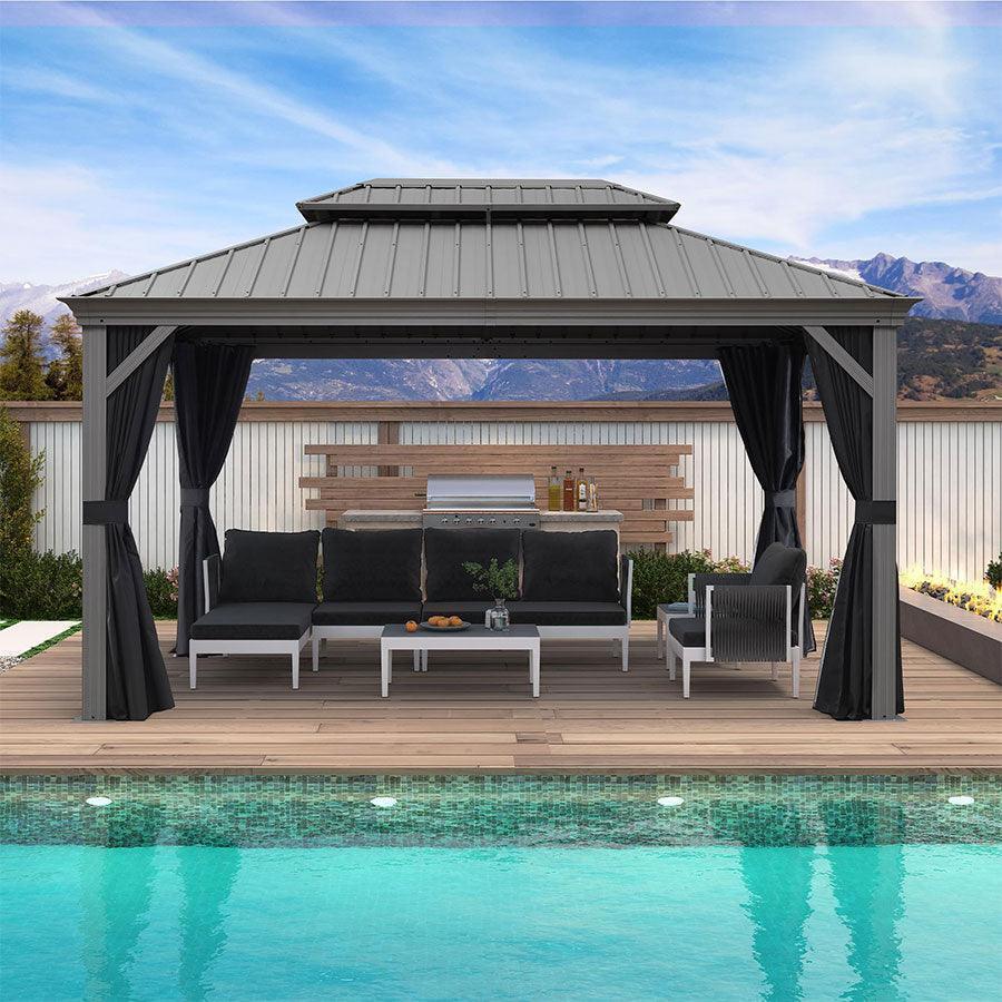 PURPLE LEAF – Pavillon de terrasse pour piscine, toit rigide gris clair en acier galvanisé avec rideaux améliorés