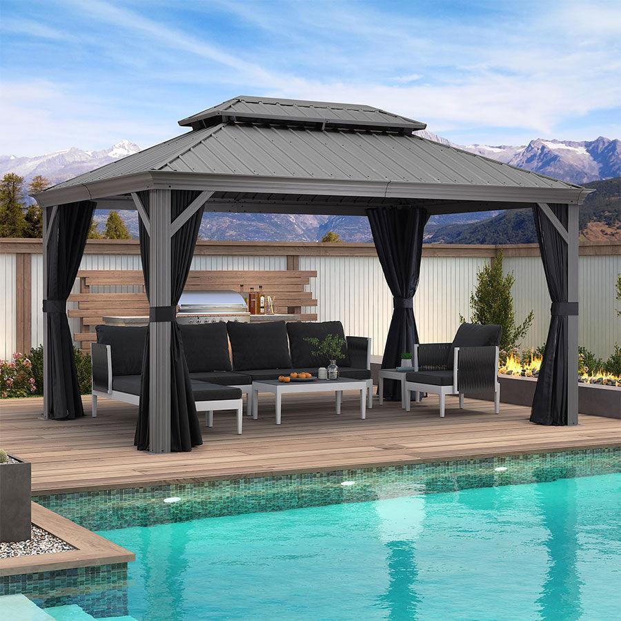 PURPLE LEAF – Pavillon de terrasse pour piscine, toit rigide gris clair en acier galvanisé avec rideaux améliorés