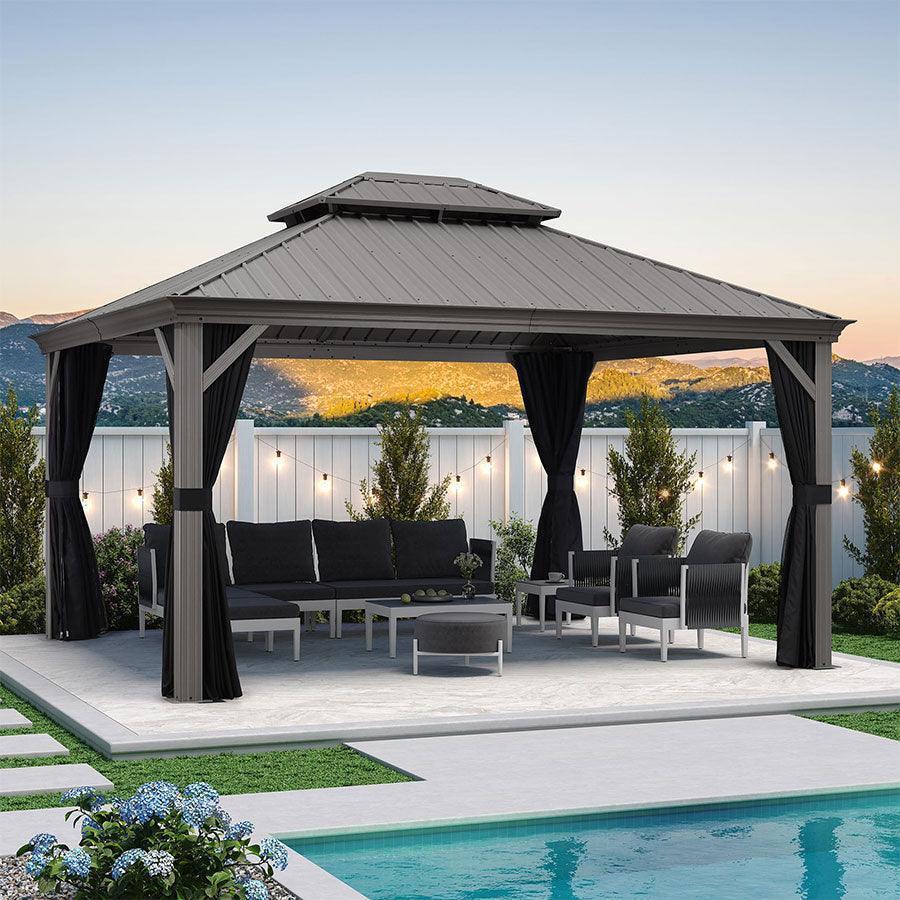 PURPLE LEAF – Pavillon de terrasse pour piscine, toit rigide gris clair en acier galvanisé avec rideaux améliorés