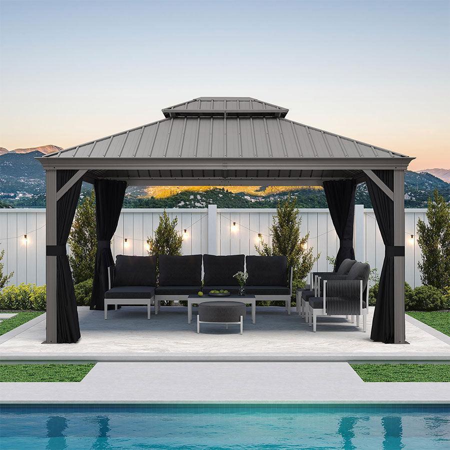 PURPLE LEAF – Pavillon de terrasse pour piscine, toit rigide gris clair en acier galvanisé avec rideaux améliorés