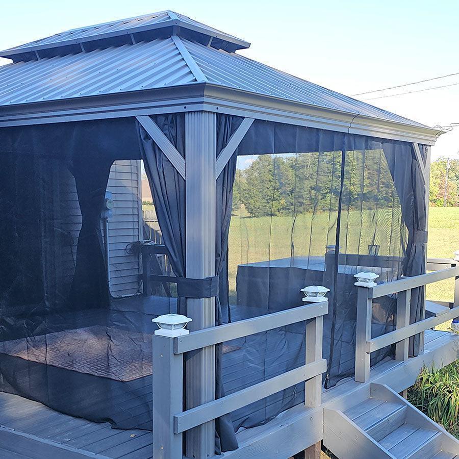 PURPLE LEAF – Pavillon de terrasse pour piscine, toit rigide gris clair en acier galvanisé avec rideaux améliorés