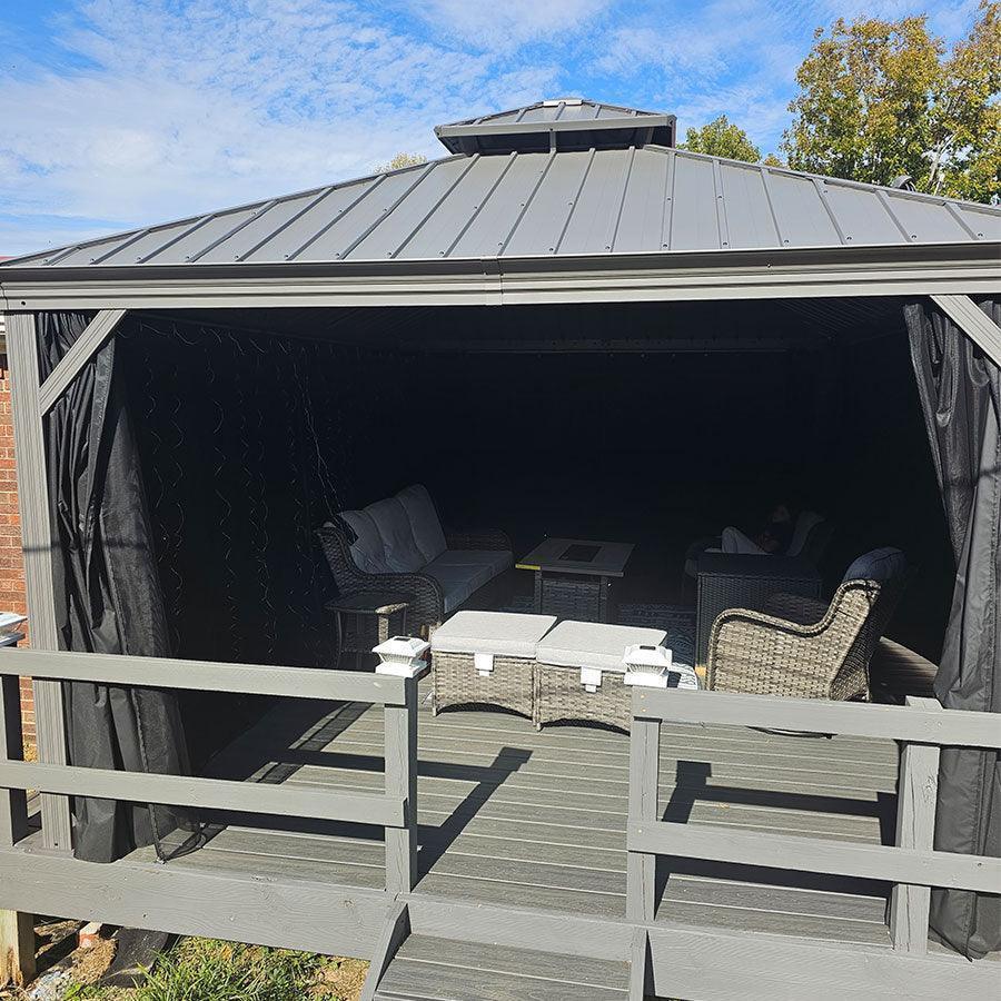 PURPLE LEAF – Pavillon de terrasse pour piscine, toit rigide gris clair en acier galvanisé avec rideaux améliorés