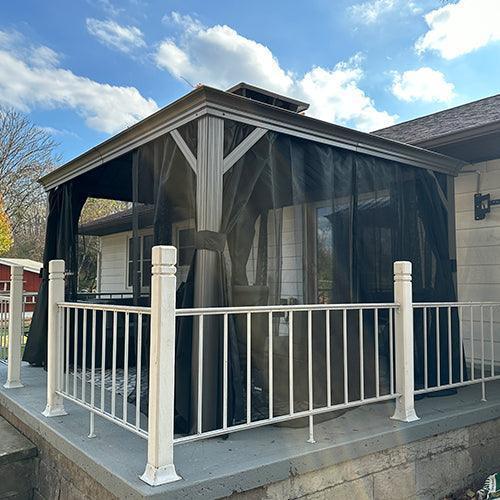 PURPLE LEAF – Pavillon de terrasse pour piscine, toit rigide gris clair en acier galvanisé avec rideaux améliorés