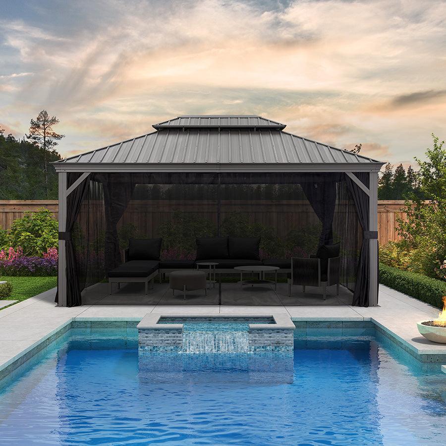 PURPLE LEAF – Pavillon de terrasse pour piscine, toit rigide gris clair en acier galvanisé avec rideaux améliorés