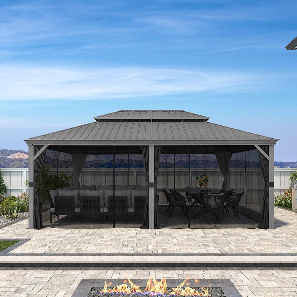 PURPLE LEAF – Pavillon de terrasse pour piscine, toit rigide gris clair en acier galvanisé avec rideaux améliorés