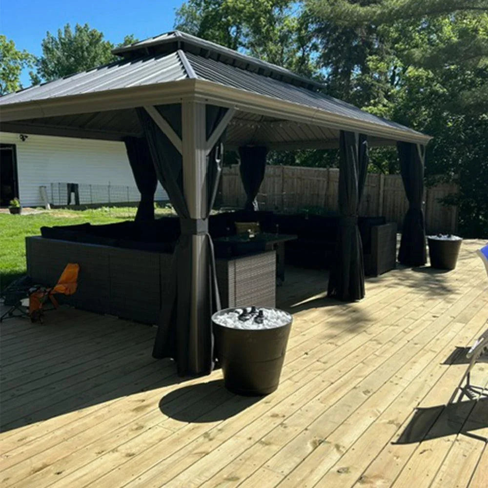 PURPLE LEAF – Pavillon de terrasse pour piscine, toit rigide gris clair en acier galvanisé avec rideaux améliorés