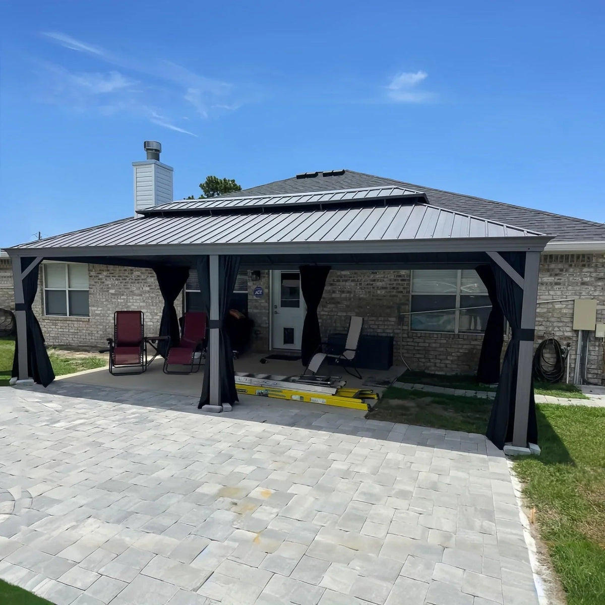 PURPLE LEAF – Pavillon de terrasse pour piscine, toit rigide gris clair en acier galvanisé avec rideaux améliorés