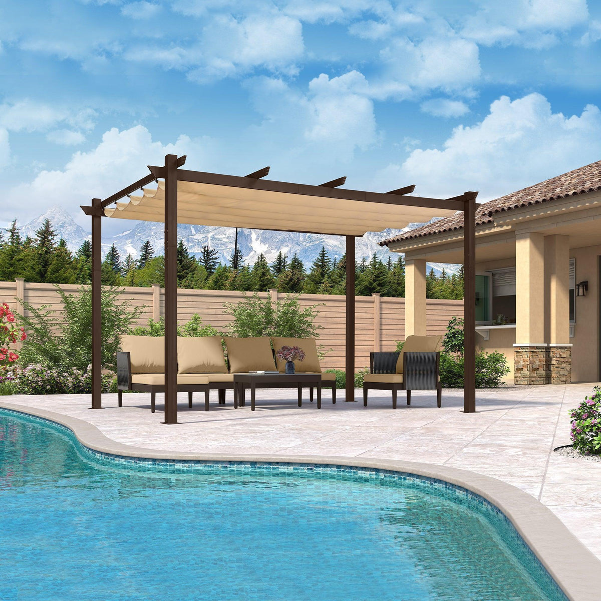 PURPLE LEAF – Pergola extérieure rétractable bronze en métal avec auvent, couverture d’ombrage et rideaux