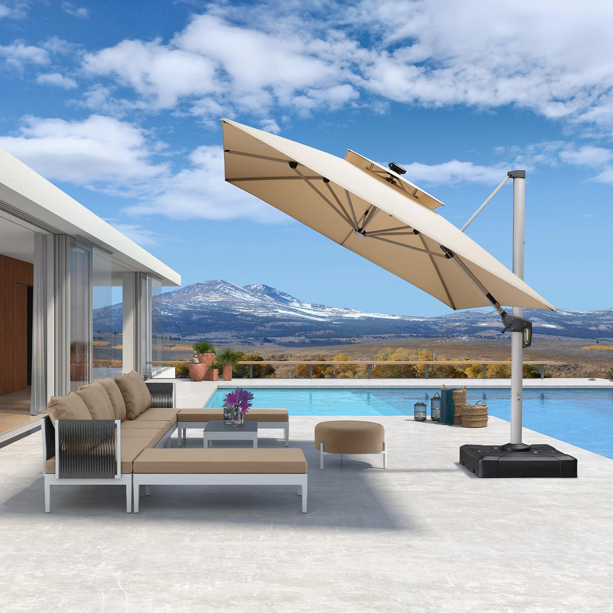 PURPLE LEAF – Parasol de terrasse rectangulaire à LED alimenté à l’énergie solaire avec éclairage
