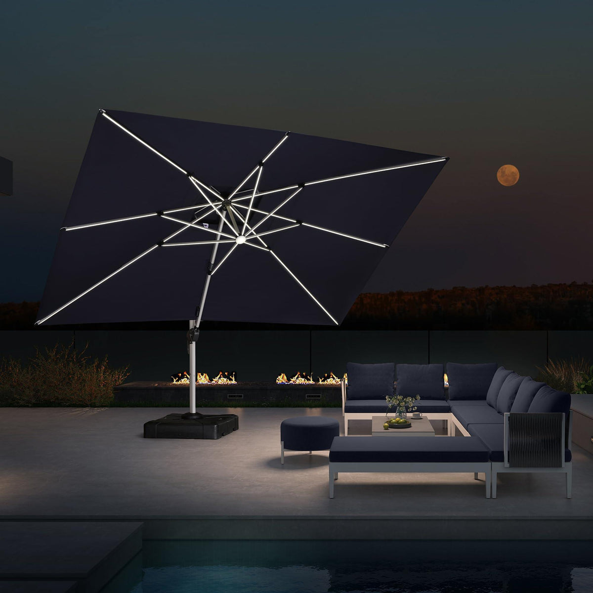 PURPLE LEAF – Parasol de terrasse rectangulaire à LED alimenté à l’énergie solaire avec éclairage