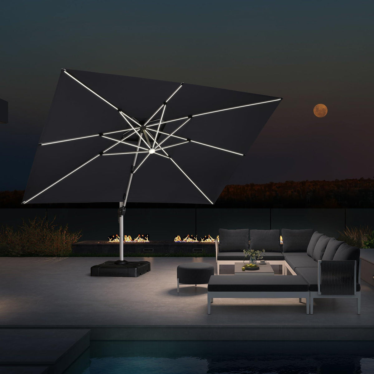 PURPLE LEAF – Parasol de terrasse rectangulaire à LED alimenté à l’énergie solaire avec éclairage