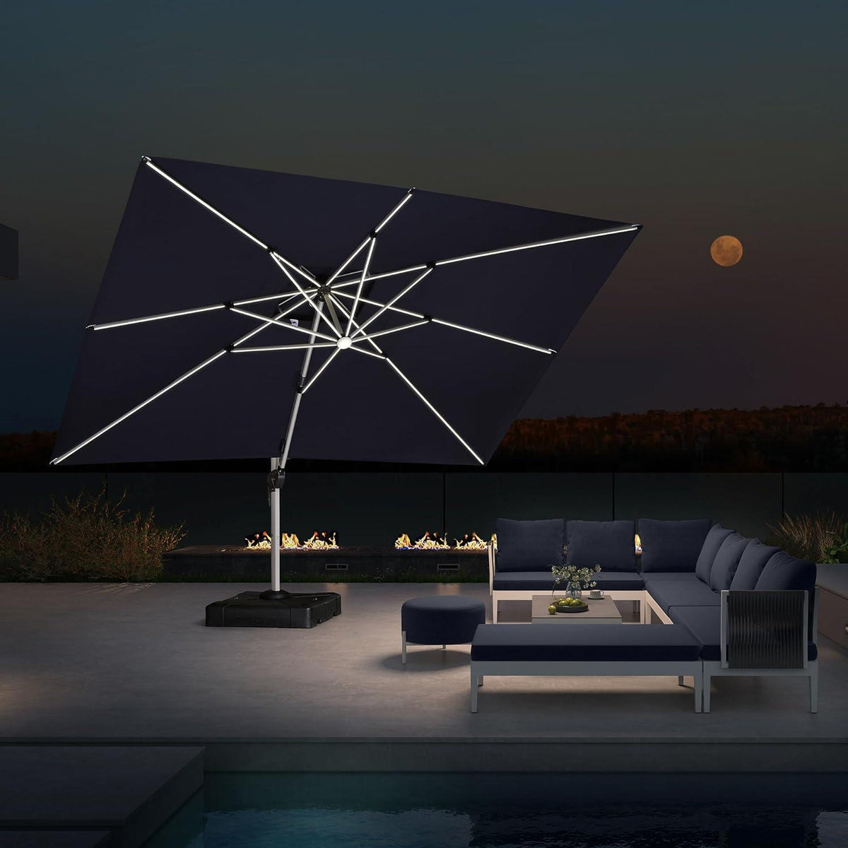 PURPLE LEAF – Parasol de terrasse rectangulaire à LED alimenté à l’énergie solaire avec éclairage
