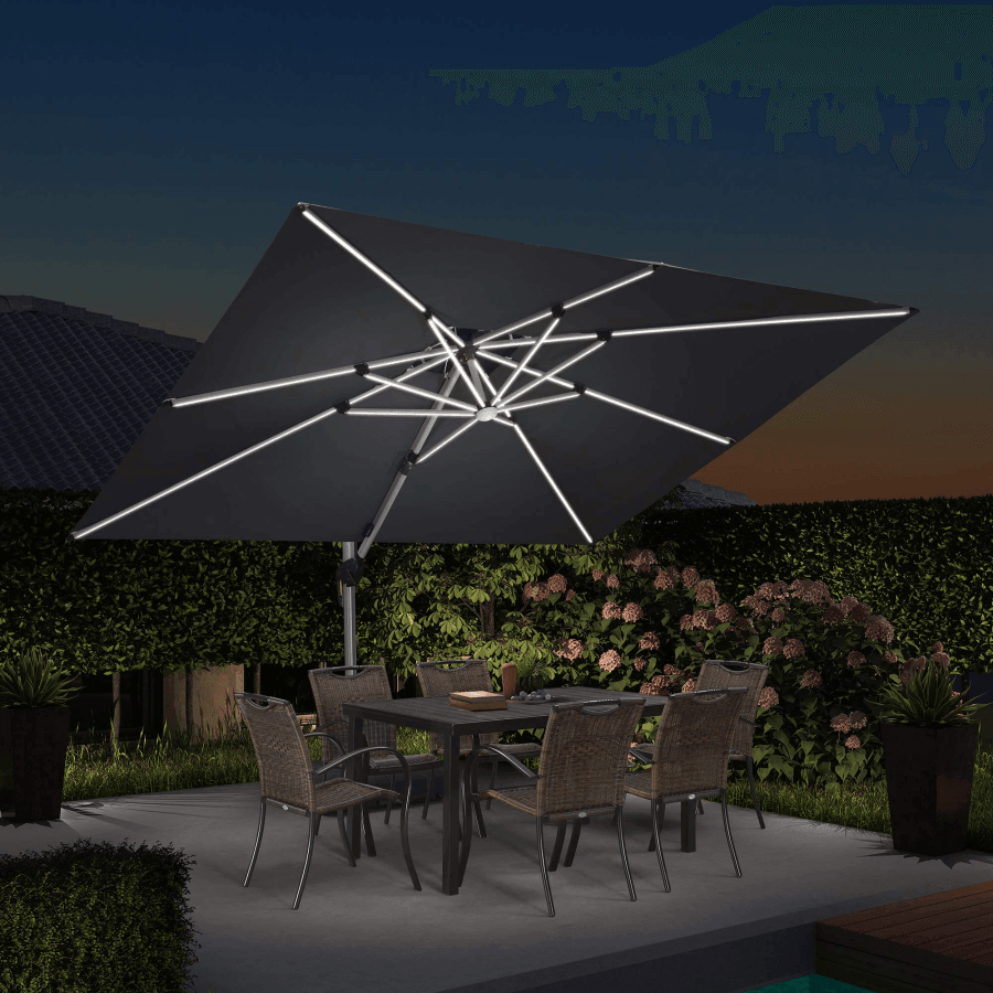 PURPLE LEAF – Parasol de terrasse rectangulaire à LED alimenté à l’énergie solaire avec éclairage