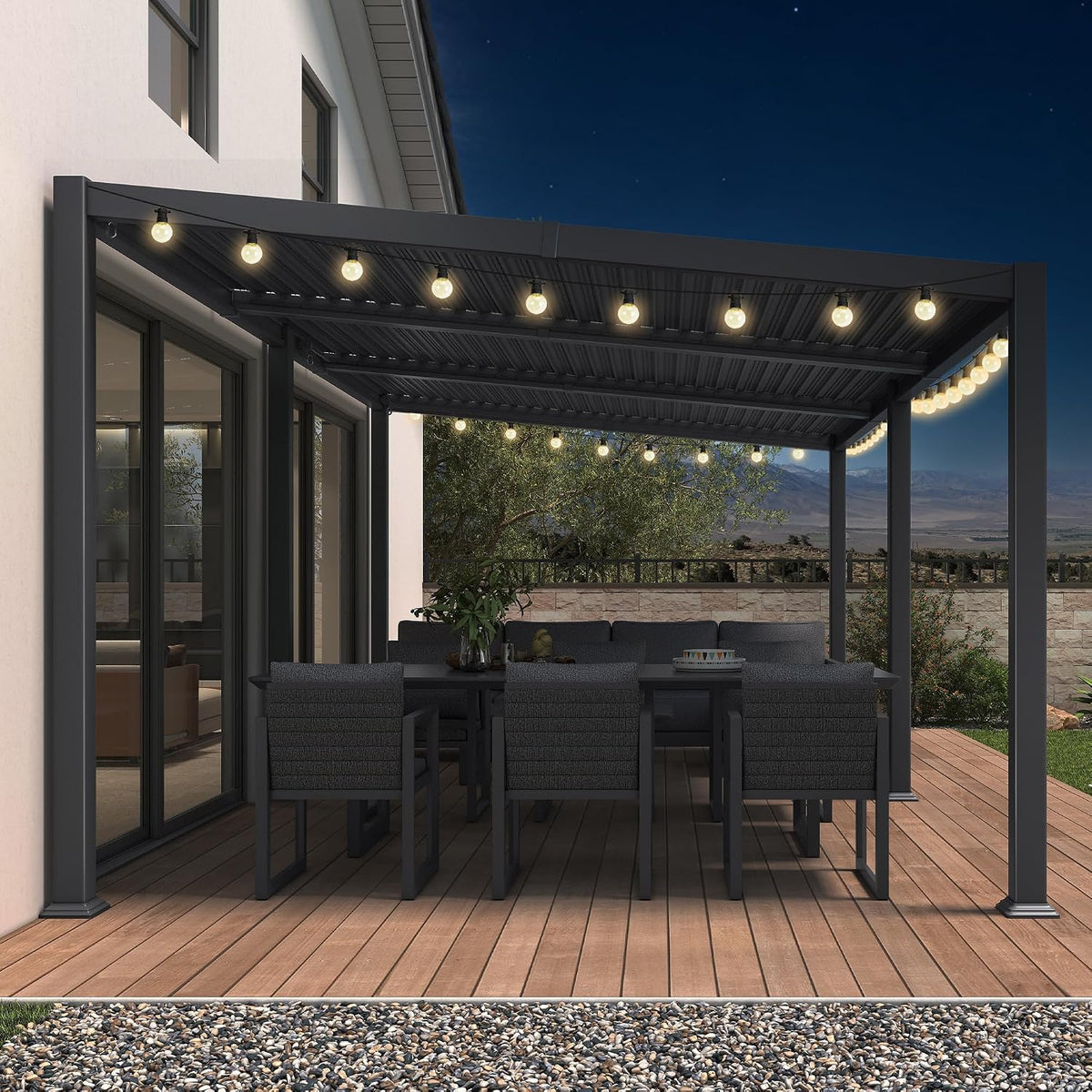 PURPLE LEAF Caesar – Pergola autoportante en aluminium à lames orientables avec toit rigide incliné, guirlande LED et lames réglables étanches à la pluie, gris