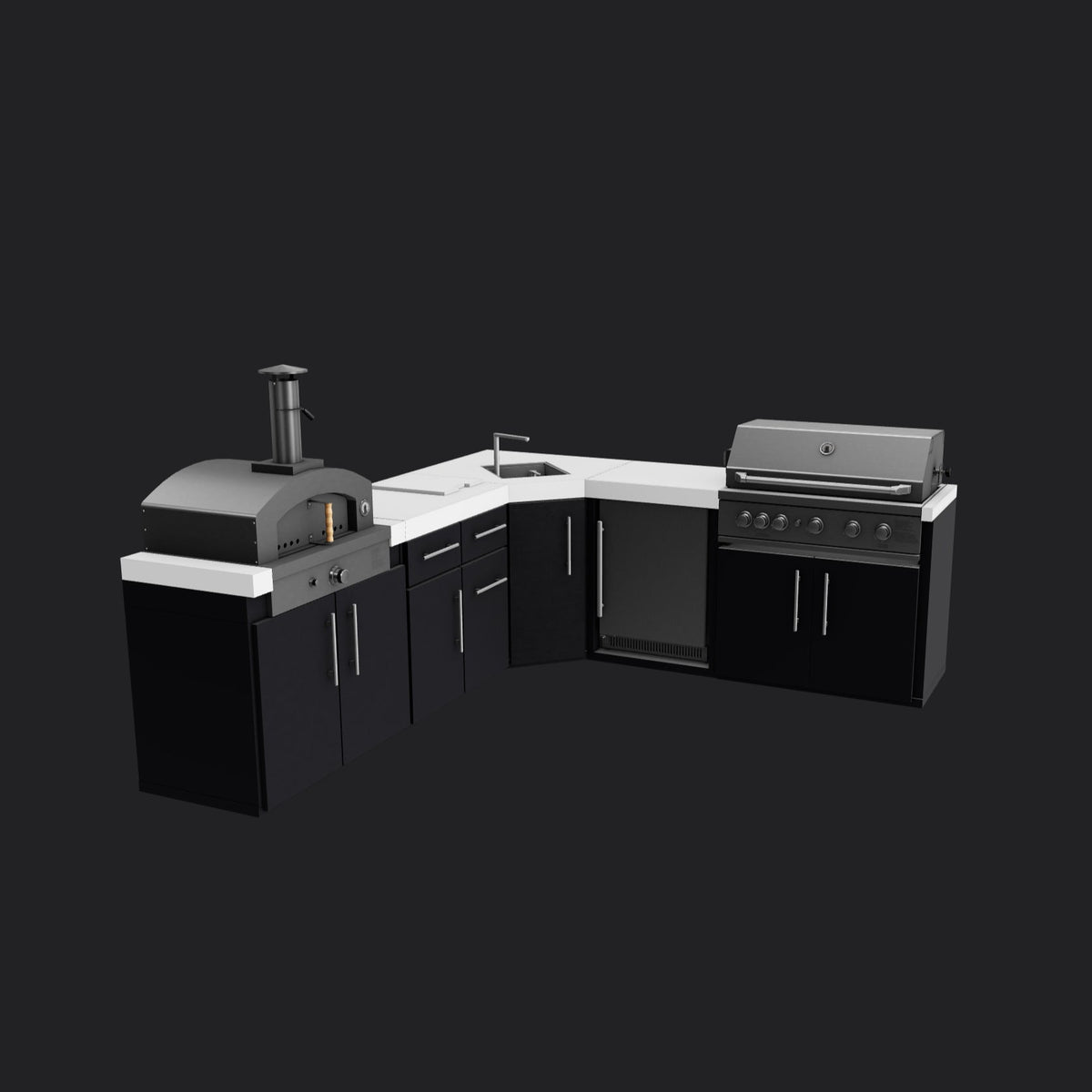 Emory | Îlot de cuisine extérieure d’angle avec barbecue encastrable et four à pizza