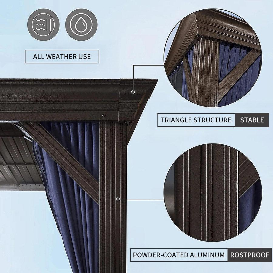 PURPLE LEAF – Pavillon extérieur à toit rigide pour terrasse, structure en aluminium bronze avec rideau bleu marine