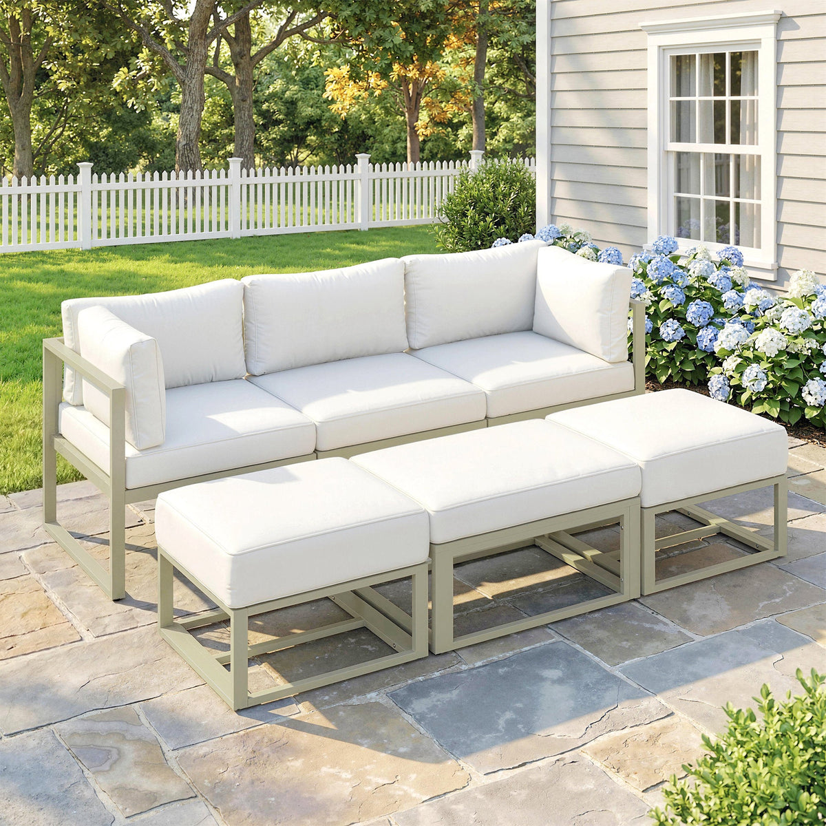 Ensemble de jardin 6 pièces avec lit de repos, table basse et repose-pieds, Cream White